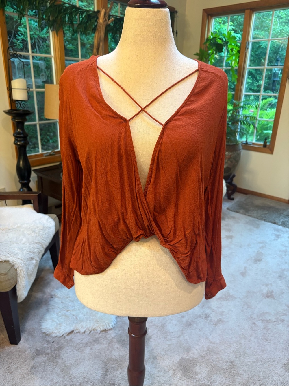 Urban Outfitters Rust Cross-Front Plunged Neckline Long Sleeve Top